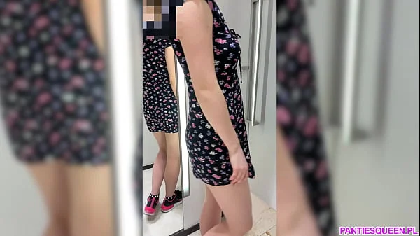 Horny student tries on clothes in public shop totally naked with anal plug inside her asshole