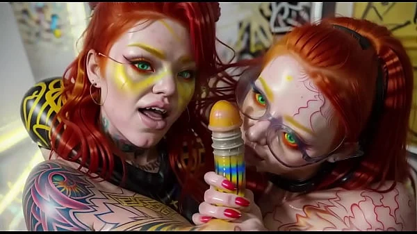 Strange double blowjob by two ginger AI twins dolls