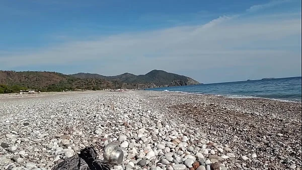 Risky public blowjob on the beach with cum swallow