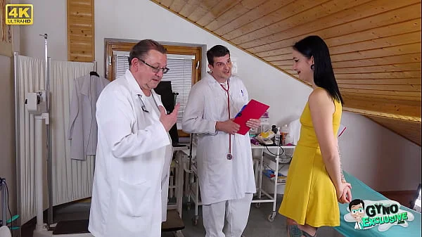 Filthy bitch Sharlotte Thorne examined and made to cum by 2 perverted doctors